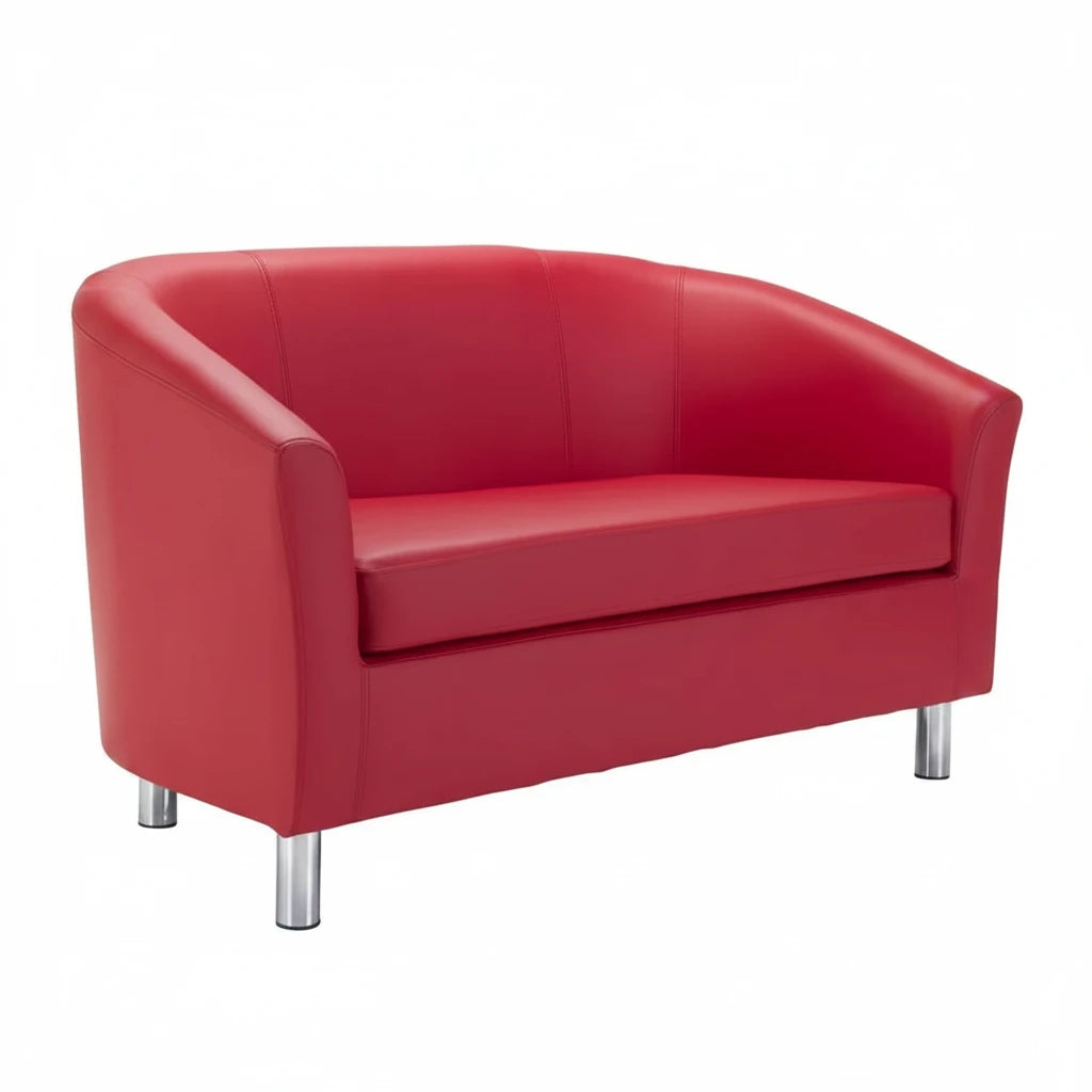 The Terry Faux Leather Upholstered Tub Sofa is a modern, two-seater red sofa featuring curved armrests, smooth faux leather upholstery, and sleek silver metal legs. Set against a plain white background, it offers stylish seating ideal for any reception area.