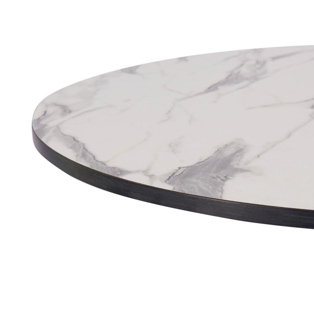 A close-up of the White Carrara Marble Outdoor Laminate Restaurant Table Top - 12mm, showcasing its round shape, white and gray marble pattern, and thin dark edge.