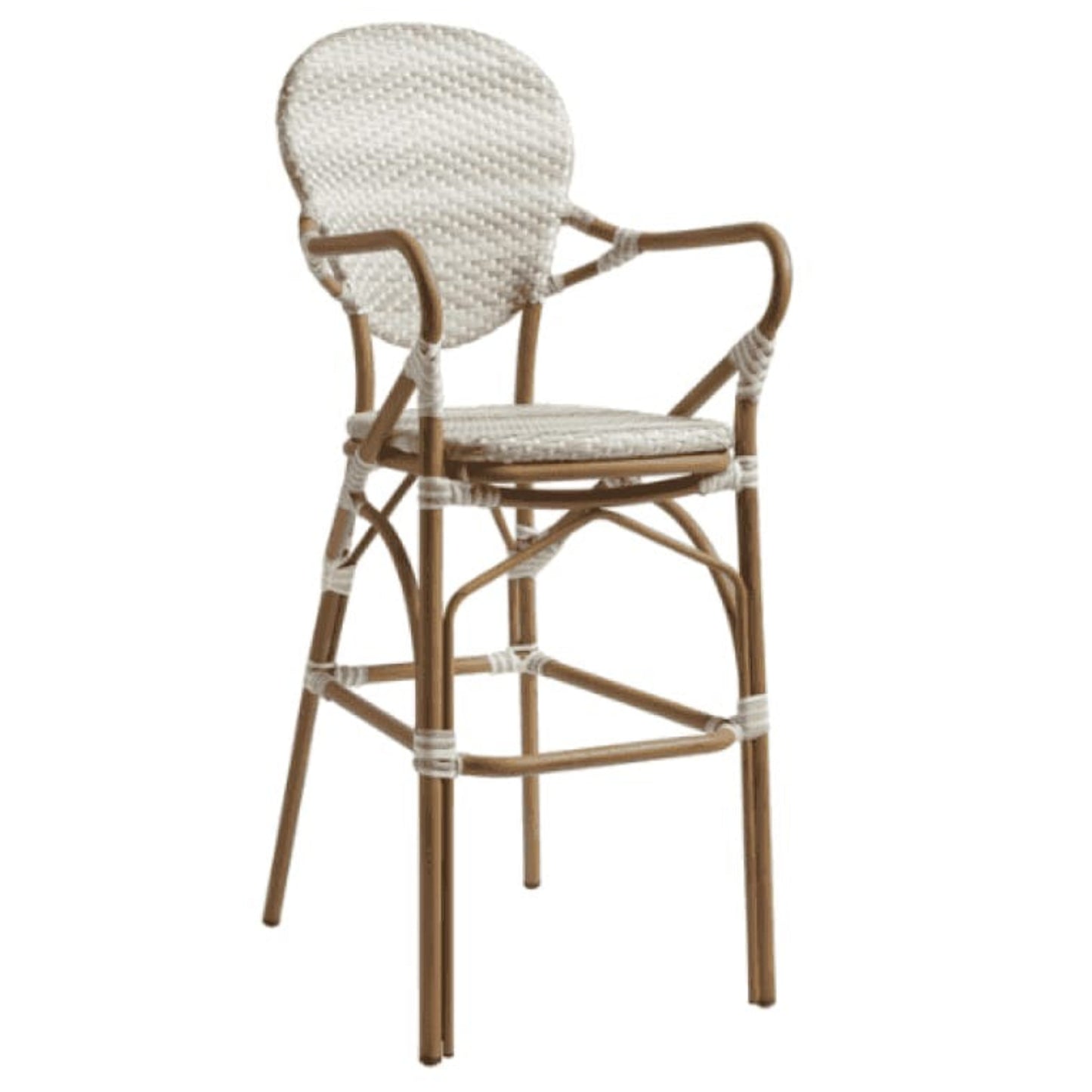 The Brittany Outdoor Bistro Bar Stool features a stackable design, light cream woven backrest and seat, curved armrests, a natural brown frame with white joint bindings—perfect for commercial spaces.