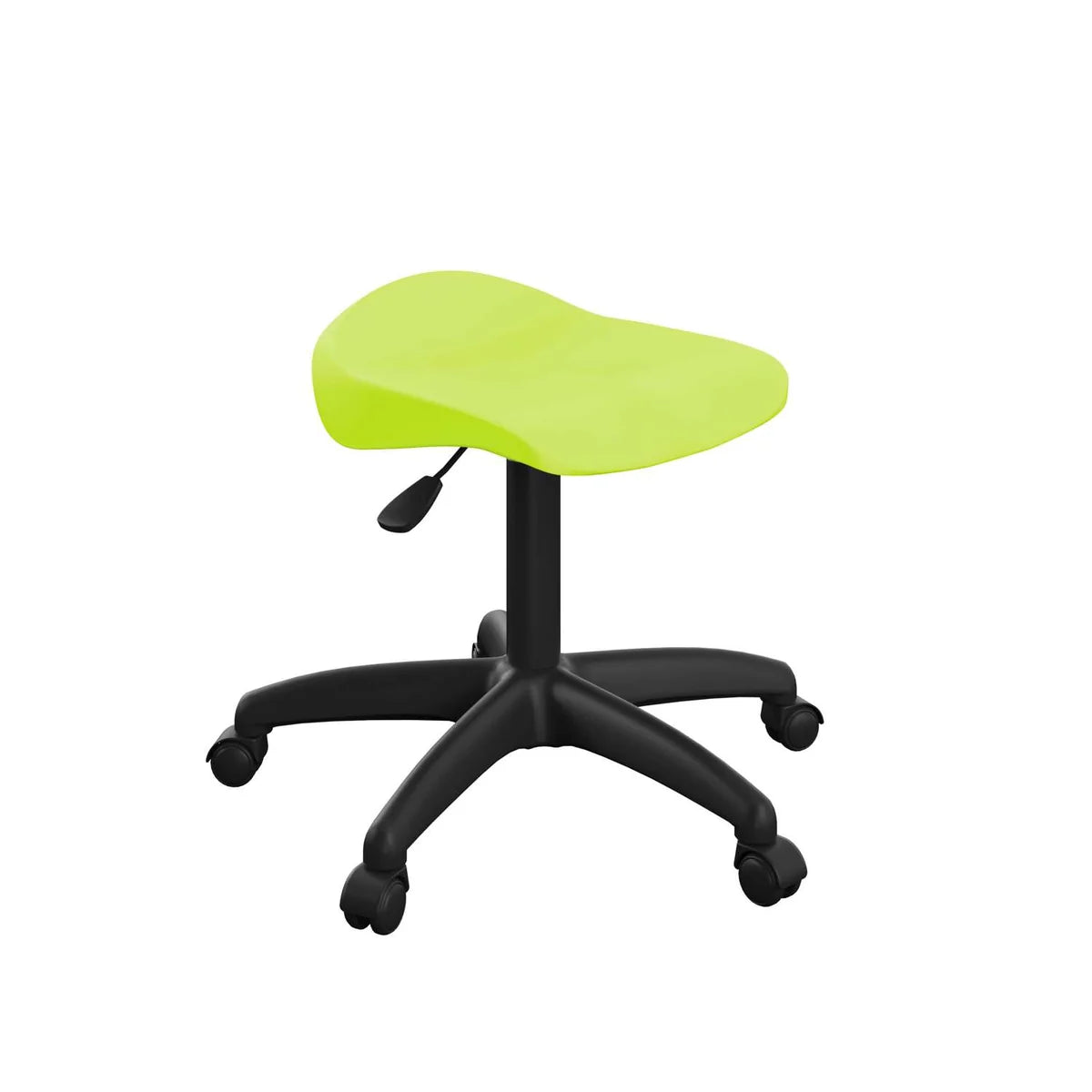 The Titan Swivel Junior Black Stool with Castors features a green saddle-style seat, a black adjustable base, and five caster wheels, offering ergonomic seating ideal for offices, classrooms, or workspaces.