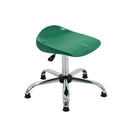 تبديل الصورة A green, saddle-shaped Titan Swivel Senior Chrome Stool - with Glides, featuring a chrome base and four legs with adjustable height for enhanced stability—an ideal choice for classroom settings. 3