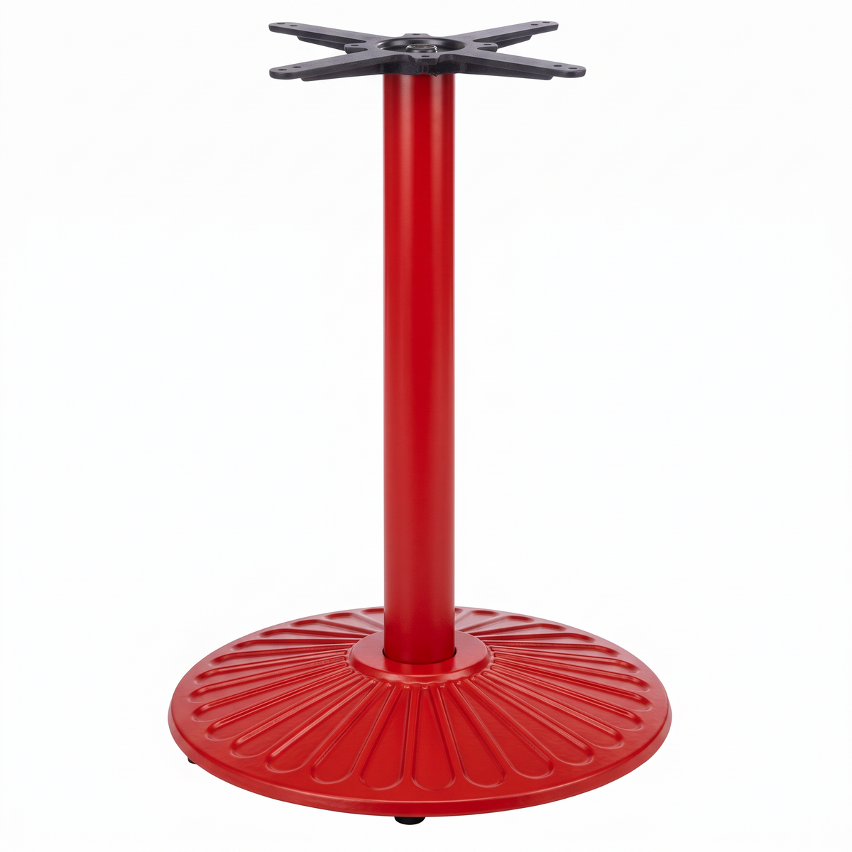 The Crewe Medium Round Black Cast Iron Table Base - Powdercoated features a round, ridged base, black mounting bracket, and solid cast iron build, with custom RAL options for contract-grade tabletop support.