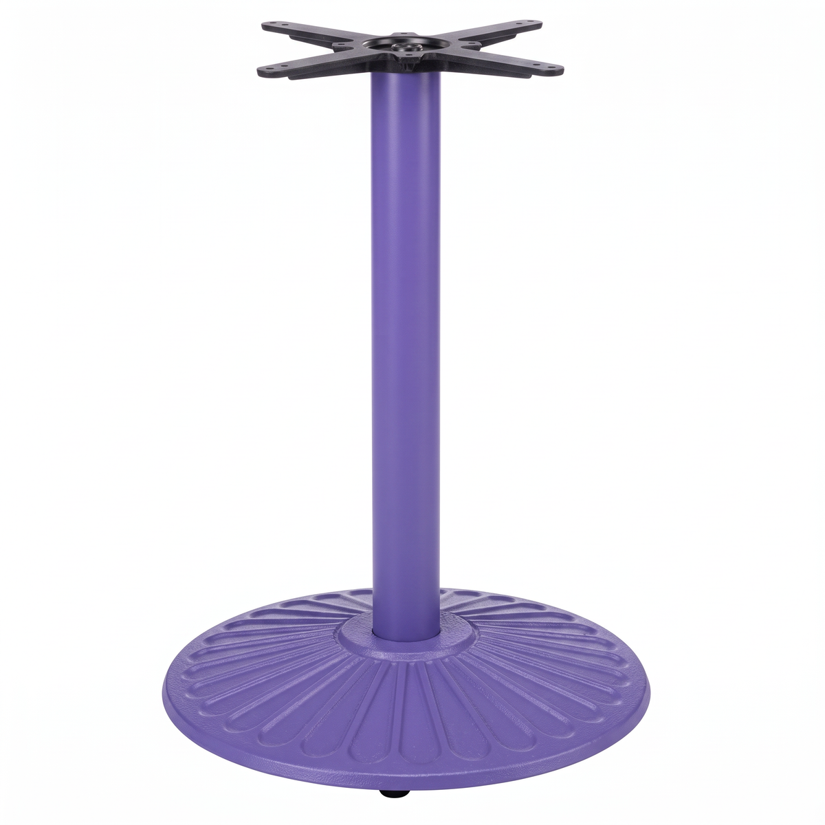 The Crewe Medium Round Black Cast Iron Table Base - Powdercoated features a contract-grade, round patterned cast iron bottom and central support column, ideal for holding a tabletop.