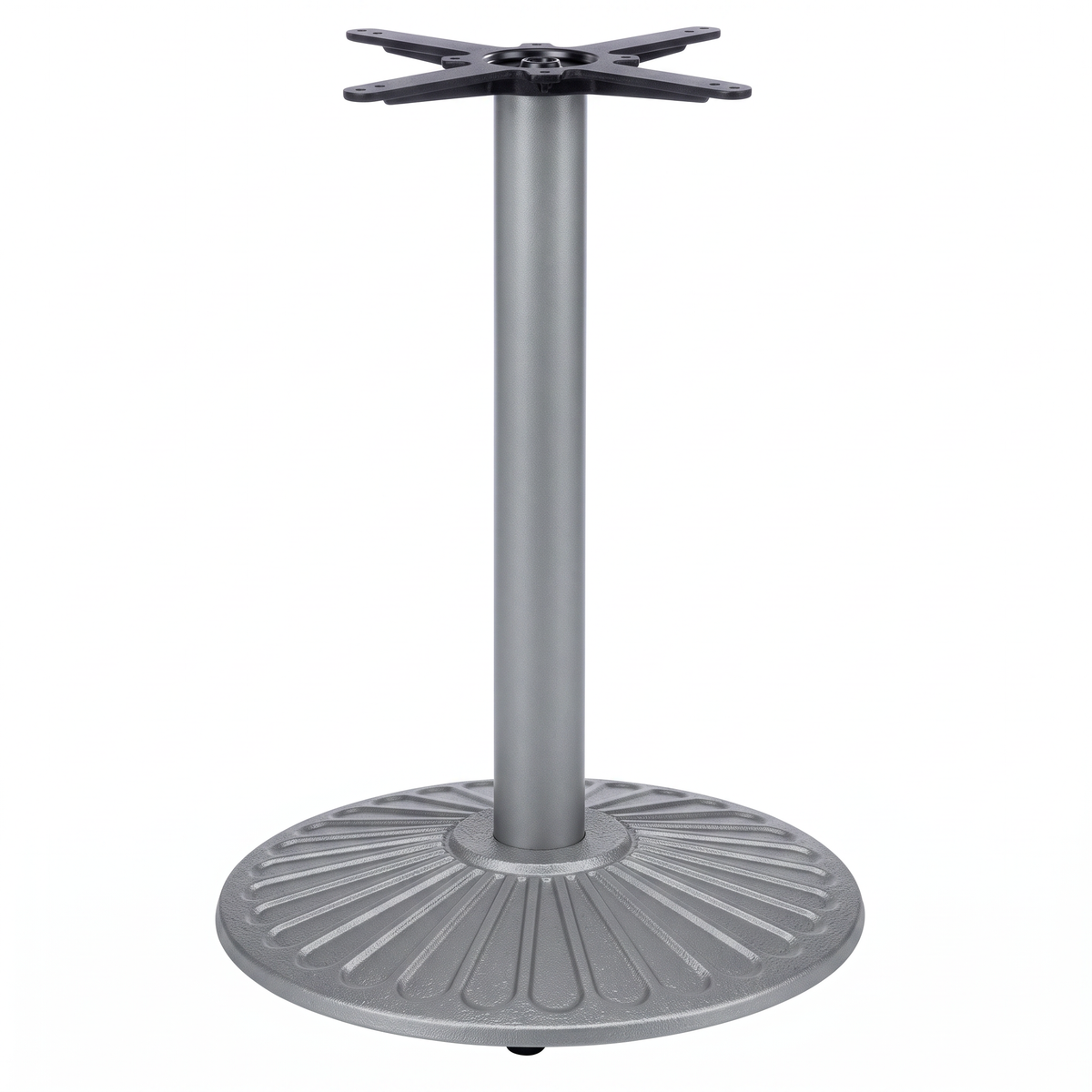 The Crewe Medium Round Black Cast Iron Table Base - Powdercoated features a solid round ribbed base, vertical cylindrical column, and cross-shaped bracket—custom RAL options available for versatile tabletop attachment.