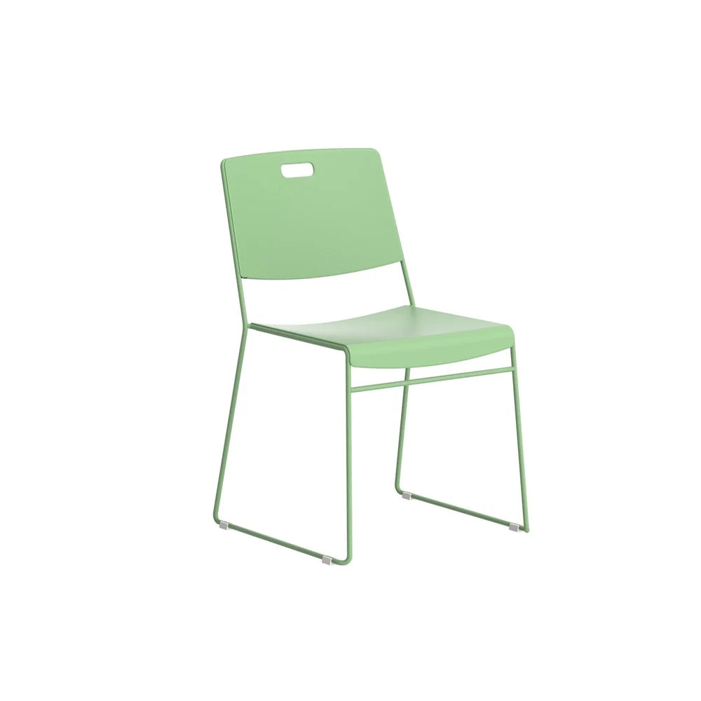 Introducing the Arc High Density Stacking Chair—a light green chair crafted from durable plastic with a sleek, modern design. It features sturdy metal legs and a convenient rectangular cutout handle on the backrest for easy transport, all presented against a clean white background.