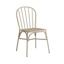 Switch The Denver Industrial Outdoor Stacking Side Chair features a simple, light-colored aluminum design with a curved backrest and vertical slats, adding rustic charm to any space. 2 image
