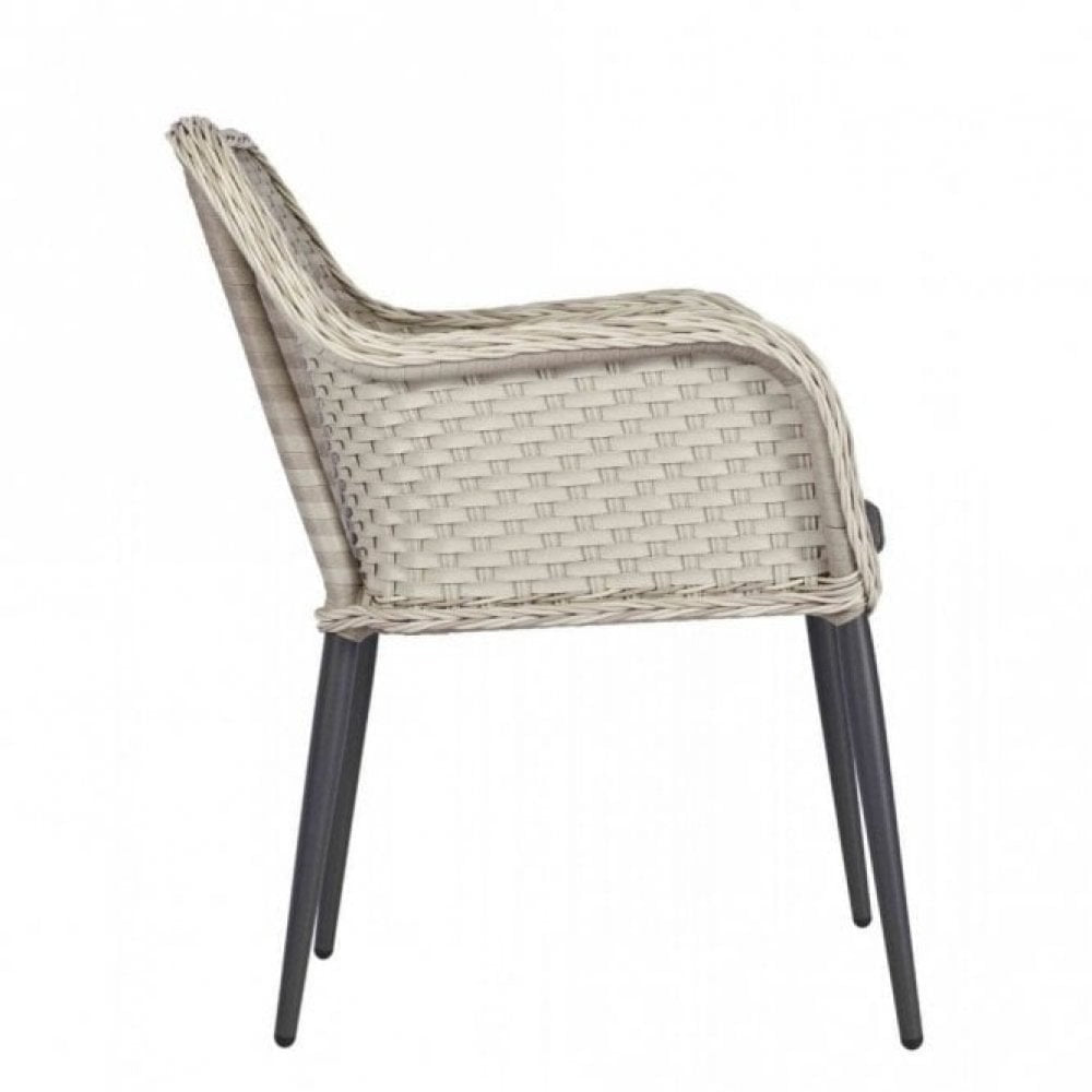 Side view of the Bremen Outdoor Stacking Armchair, featuring a curved backrest and seat with a woven beige pattern and four slim black metal legs, shown against a white background.
