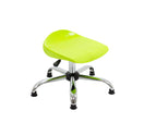 تبديل الصورة The Titan Swivel Junior Chrome Stool - with Glides is a compact, vibrant green stool with a curved plastic seat and a sleek chrome base on five legs with black glides, making it an ideal adjustable-height option for the classroom. 2