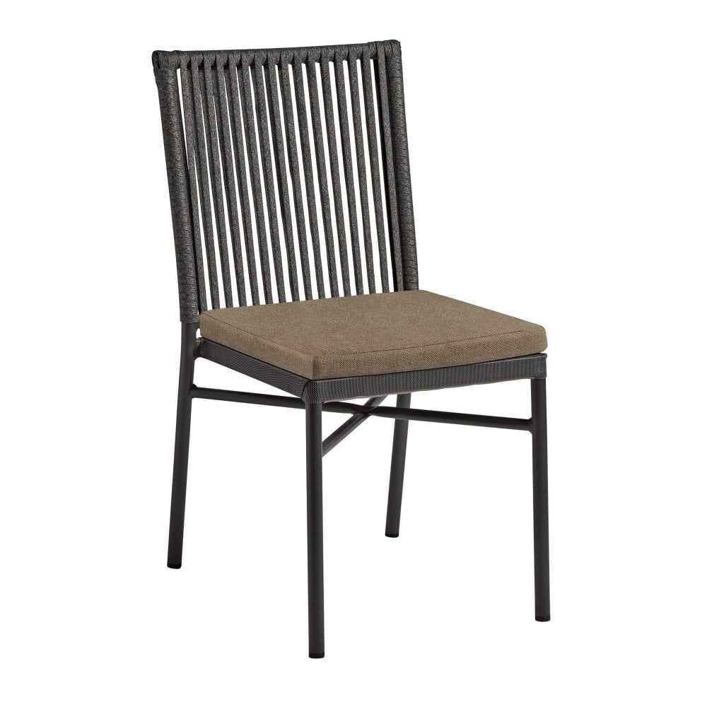The Holt Rope Outdoor Aluminium Stacking Side Chair features a black metal frame, vertical rod backrest, and cushioned olive-green seat. Its modern, stackable design is perfect for patios or balconies.
