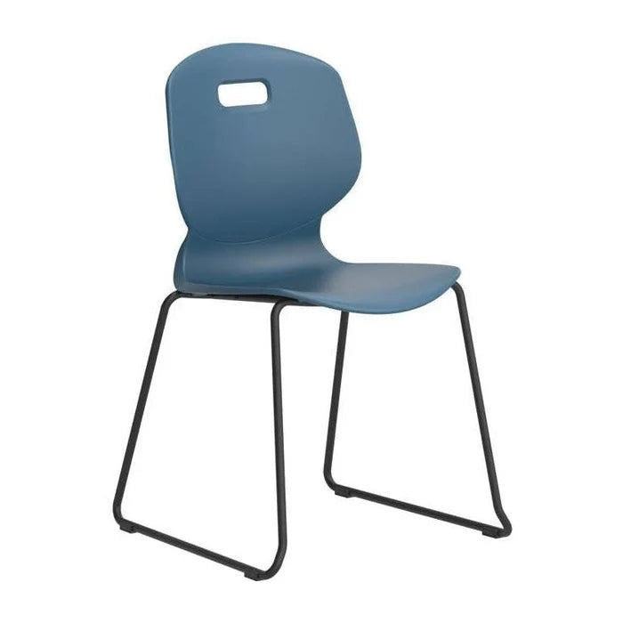 The Arc Classroom Skid Chair is a modern blue plastic educational chair featuring a curved backrest with a rectangular cutout, supported by black metal sled-style legs.