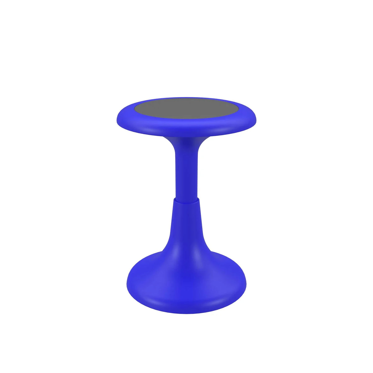 The Tokyo Weighted Wobble Stool features a bright blue, round design with a wide, rounded base and a flat, dark gray seat. Shown on a white background, it’s ideal for dynamic seating in any classroom.