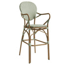 Switch The Brittany Outdoor Bistro Bar Stool features a tall, stackable design with a woven light grey synthetic wicker seat and backrest, tan frame, armrests, footrest, and rounded back—ideal for both home and commercial use. 3 image