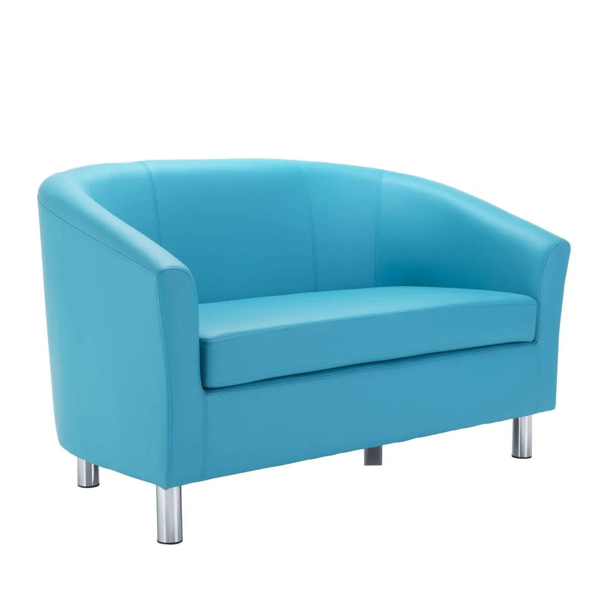 The Terry Faux Leather Upholstered Tub Sofa features a modern design with light blue upholstery, a curved backrest and armrests, and chrome legs, making it an ideal choice for reception area seating against a white background.