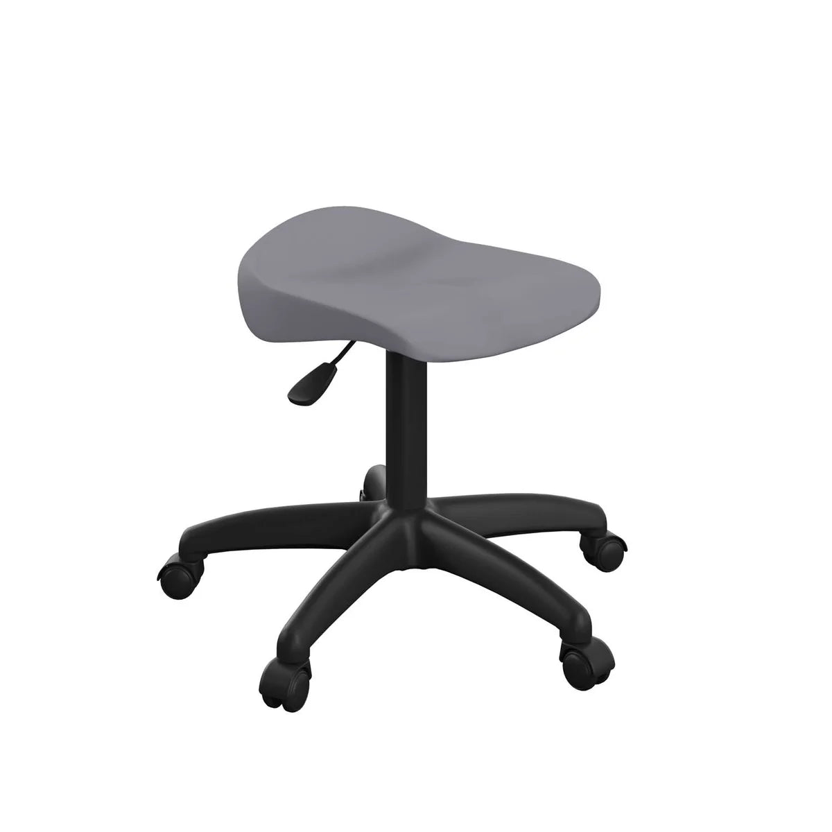 The Titan Swivel Junior Black Stool - with Castors is a gray, saddle-style rolling stool featuring a black adjustable base and five caster wheels. Designed for ergonomic comfort in offices, classrooms, or workspaces, this adjustable swivel stool provides flexible seating—making it an excellent choice as a classroom stool or as the versatile seating solution you need.