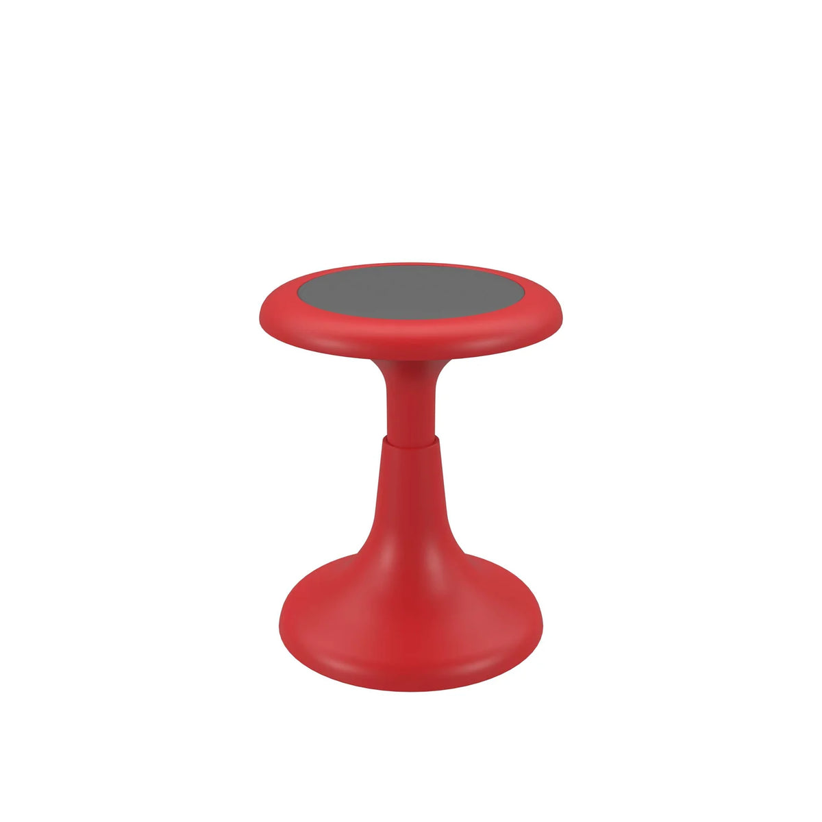 Here’s a rewritten sentence using the given product name: The Tokyo Weighted Wobble Stool is a red plastic fidget stool with a wide, rounded base, a narrow middle, and a circular seat featuring a dark gray top, all set against a plain white background.