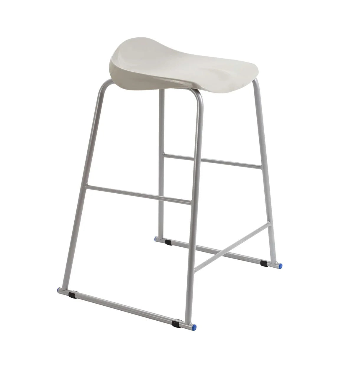 The Titan Metal Stacking Low Stool features a modern, minimalist design with a white curved plastic seat, silver metal legs, and blue caps on the ends—making it a versatile option for contemporary settings or use as a classroom stool.