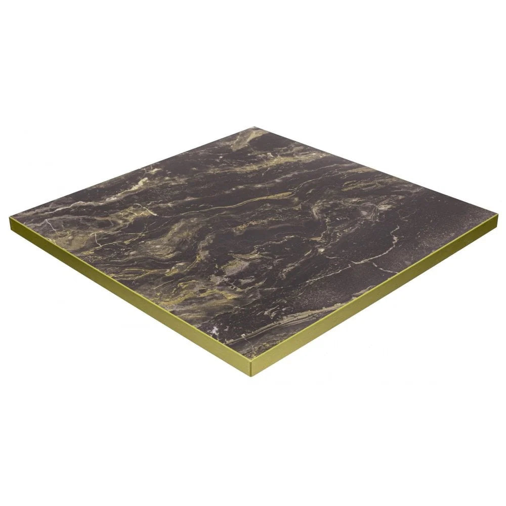 The Parisian Bistro Gold Square Marble Effect Table Top with Metal Base (700x700mm) features black marble with white and gold veining, a slim gold edge, and makes a chic centerpiece or stylish gold cafe table against any backdrop.