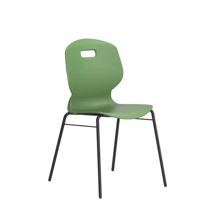 Arc 4 Leg Classroom Chair with Brace – a green plastic chair featuring a curved backrest with a rectangular cut-out, supported by four black metal legs—ideal for use as classroom seating or an educational chair.