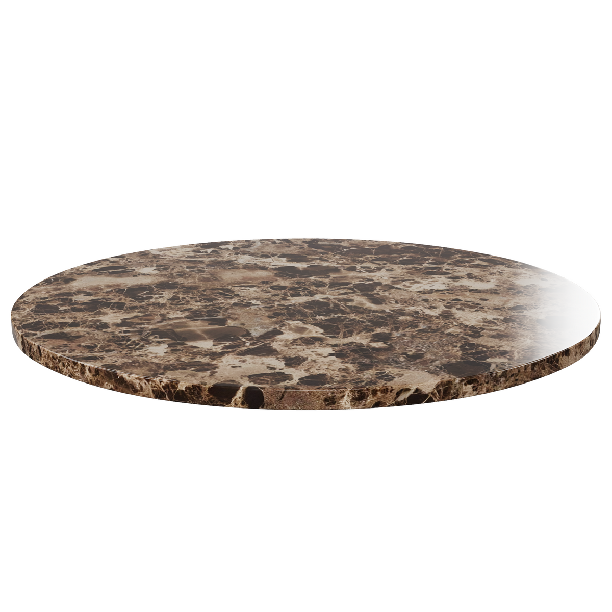 Crafted from premium Brown Emperador Real Marble Restaurant Table Top - 20mm, this round, flat marble tabletop features a polished brown and black marbled surface, making it ideal for bespoke marble surfaces in elegant interiors; isolated on a white background.