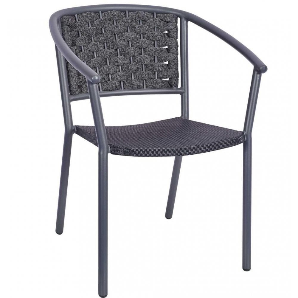 The Seville Outdoor Stacking Rattan Armchair features a curved metal frame, woven rattan backrest, and textured dark gray seat. Its four straight legs and stackable design combine modern style with practical convenience for outdoor spaces.