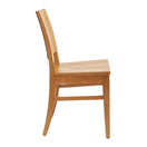 Switch A side view of the Oxley Wooden Side Chair reveals its simple design—straight seat, sturdy legs, and a gently slanted backrest in light oak with a natural finish, ideal for commercial dining spaces. 3 image