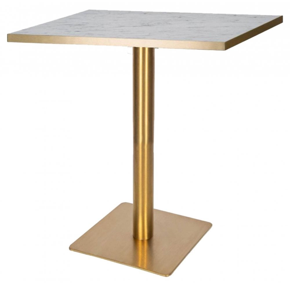 The Zeus Brass Base Pedestal Square Table has a 700x700mm white marble effect top and a gold metal base with a round support and matching square plate—minimalist style ideal for chic dining spaces.
