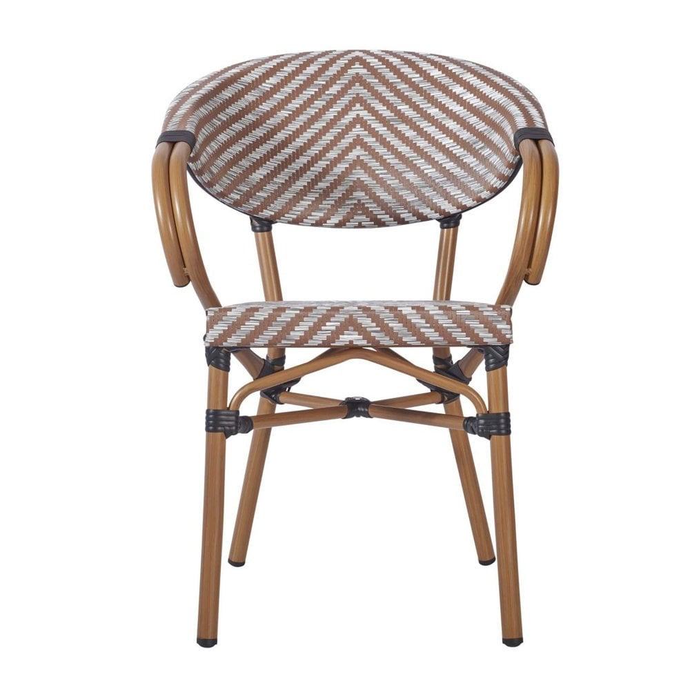 The Montpellier Bistro Outdoor Stacking Rattan Armchair features a multi-weave chevron pattern in brown, beige, and white rattan-style with a rounded backrest, plus light brown legs—perfect for enhancing any pub garden furniture collection.