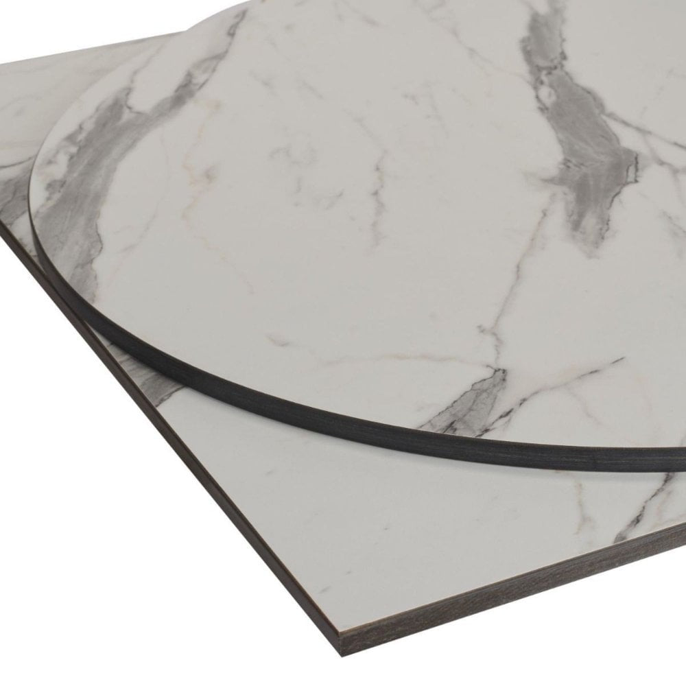 Two pieces of White Carrara Marble Outdoor Laminate Restaurant Table Top - 12mm, one rectangular and one circular with gray veining, are stacked at an angle on a white background.