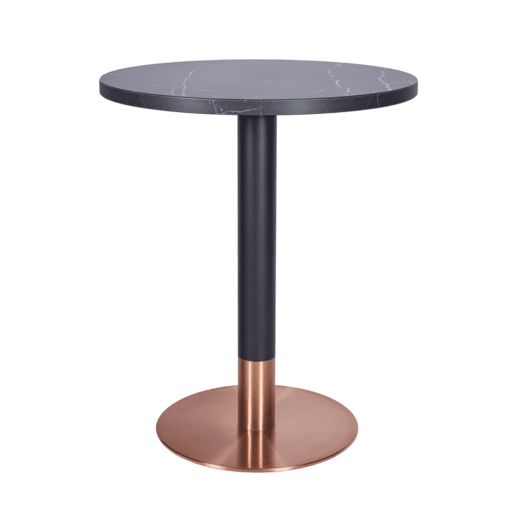 The Black Pietra Marble Laminate Restaurant Table Top - 25mm features a round, dark surface with subtle white veining, set on a sturdy pedestal leg and metallic copper base—an ideal choice for restaurant table tops.