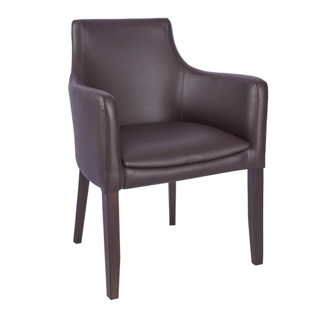The Repton Upholstered Faux Leather Armchair features brown faux leather, a cushioned seat, curved backrest, and wooden legs, shown against a plain white background.