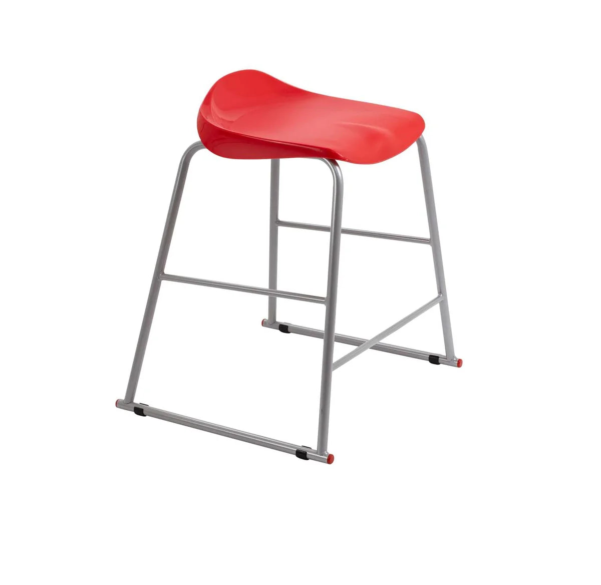 The Titan Metal Stacking Low Stool features a curved red plastic seat and silver metal legs, complete with a footrest and minimalist design. Shown against a plain white background, this stackable stool offers both style and practicality for contemporary learning spaces.