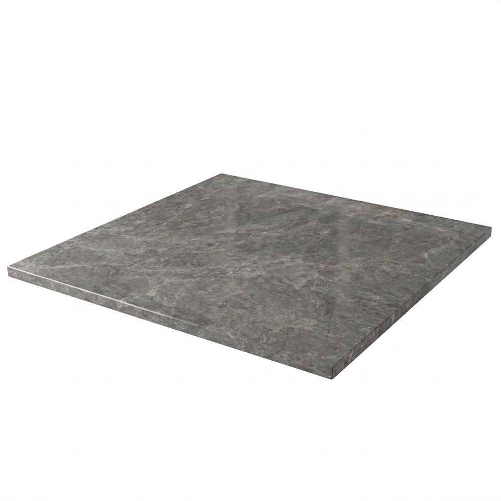 A square, flat Tundra Grey Real Marble Restaurant Table Top – 20mm, featuring subtle white veining on a gray background, displayed against a white backdrop. This elegant marble table top lends sophistication and timeless appeal to any restaurant or luxury setting.