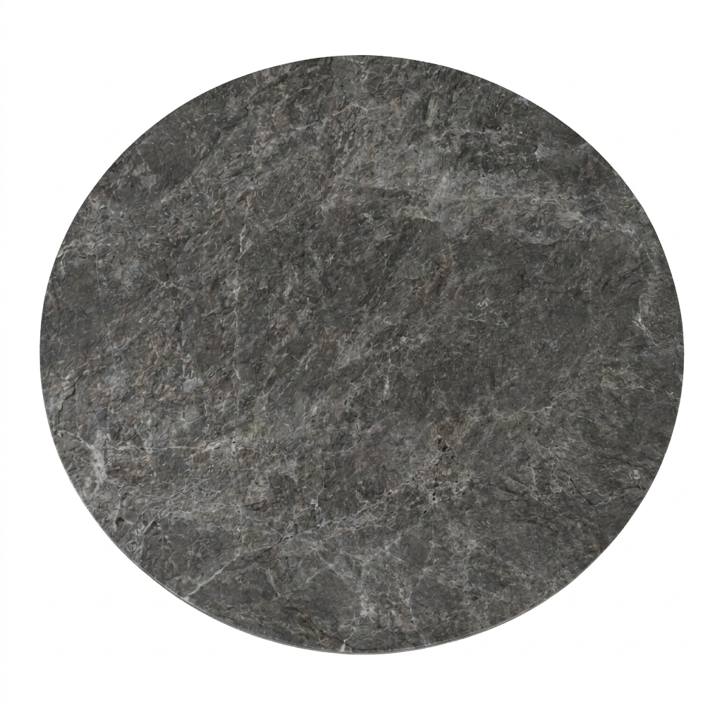 Here’s a revised sentence using your product data: A round slab of dark gray stone with a textured, marbled pattern, viewed from above on a white background—this elegant piece is the Tundra Grey Real Marble Restaurant Table Top - 20mm, exemplifying refined beauty and making it an ideal choice for luxury surfaces in upscale dining settings.