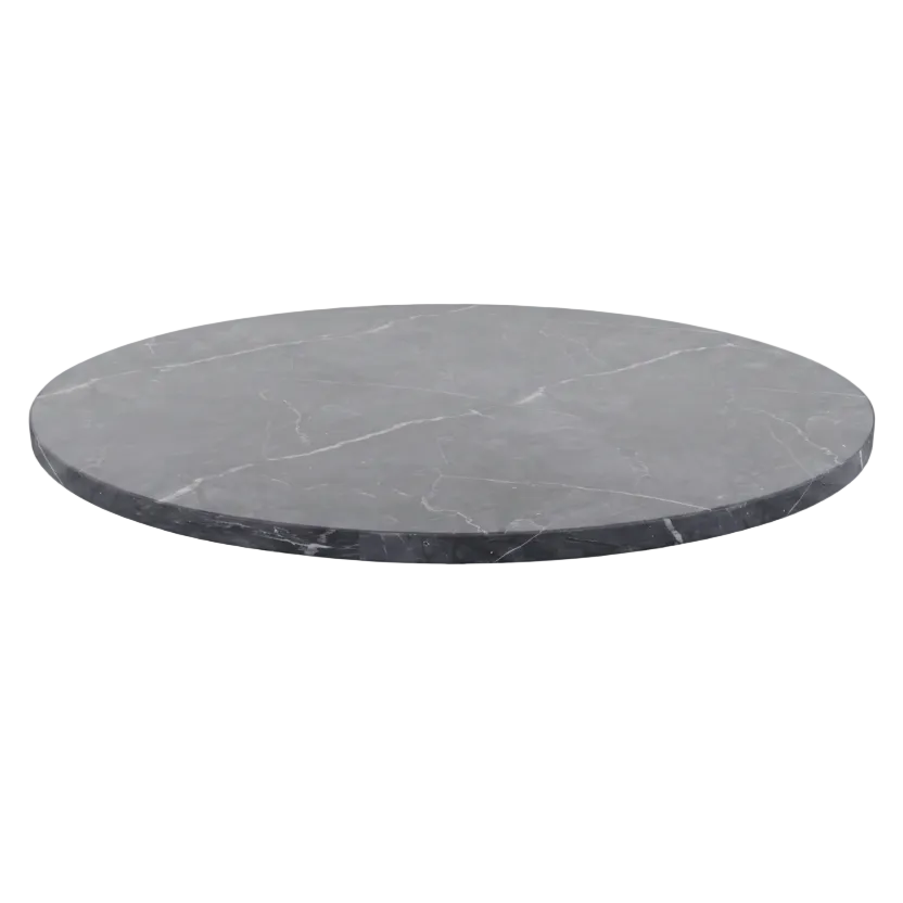 A round, flat Grigio Carnico Real Marble Restaurant Table Top - 20mm, featuring a gray surface with subtle white veining, is photographed on a white background—perfect for adding sophistication to dining spaces or serving as an elegant restaurant table top.