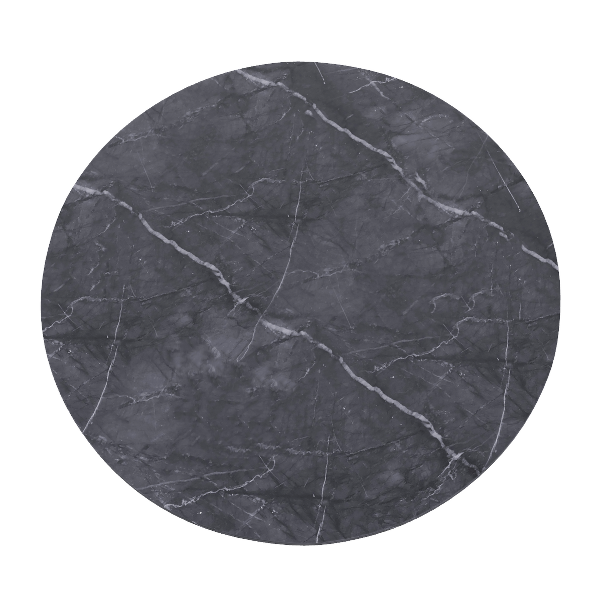 The Grigio Carnico Real Marble Restaurant Table Top - 20mm is a round, dark gray marble tabletop with elegant white veining, ideal for use as a marble dining surface or a stylish restaurant table top, shown against a white background.