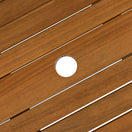 Switch Close-up of the Hardy Acacia Wood Outdoor Table - Square, showcasing parallel slats and a central round umbrella hole. Its smooth finish and warm brown tones create a welcoming setting for outdoor dining. 3 image
