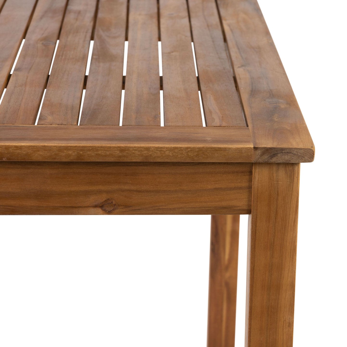Close-up of the Hardy Acacia Wood Outdoor Table - Square, featuring a slatted acacia wood top with visible grain and sturdy legs—ideal for stylish alfresco dining.