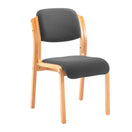تبديل الصورة The Renoir Stacking Reception Side Chair is shown against a white background, featuring a wooden frame with light brown legs and arm supports, as well as a padded black seat and backrest. 1