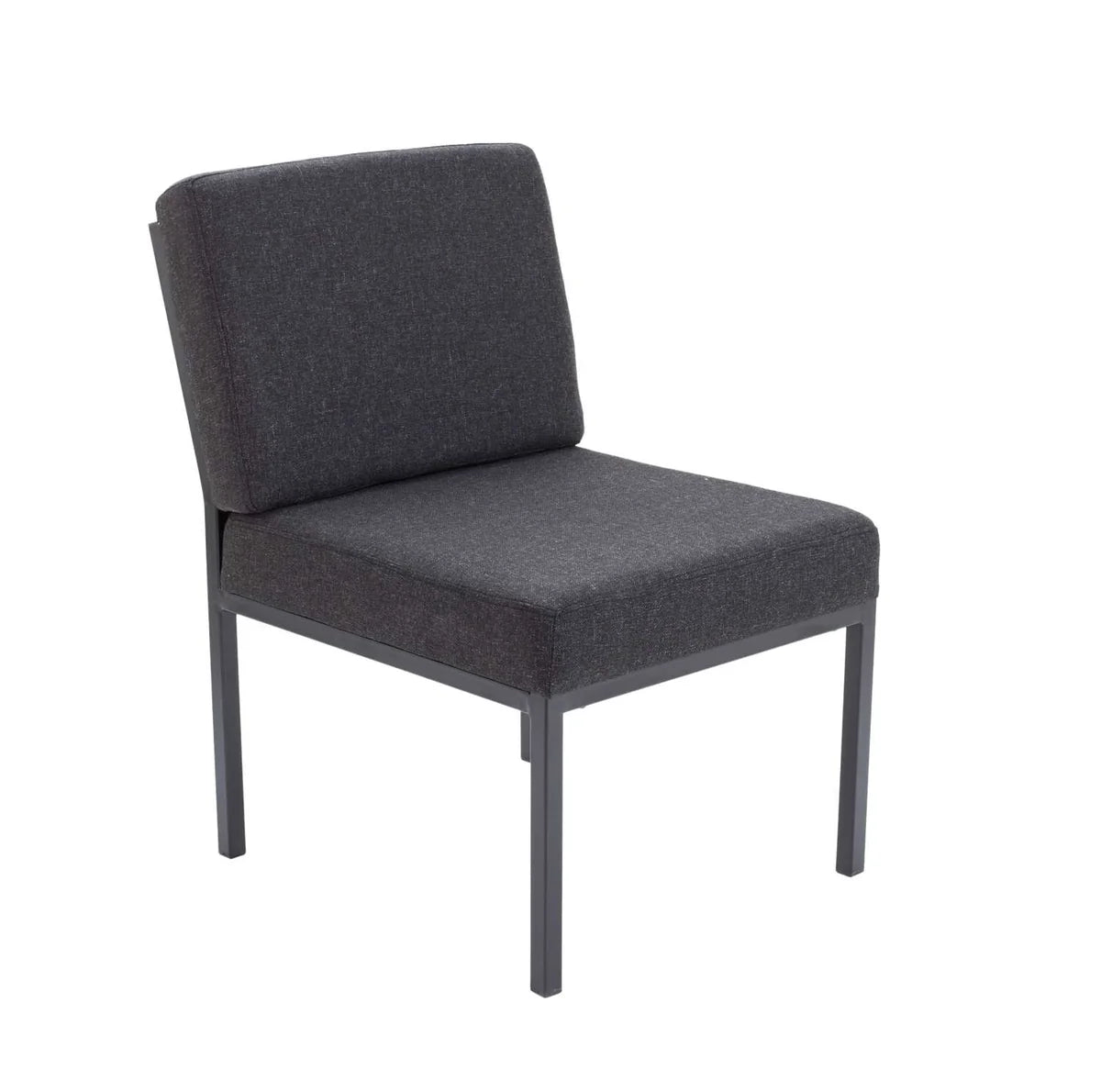The Rubic Reception Modular Unit is a modern armless chair, ideal for use as reception seating or a waiting room chair, featuring a dark gray cushioned seat and backrest supported by a sleek black metal frame.