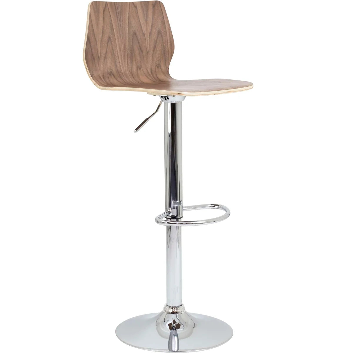 The Stork Gas Lift Stool features a stylish wooden seat and backrest, an adjustable chrome pedestal base, and a circular footrest, making it the ideal height-adjustable stool for modern kitchens or contemporary cafe spaces.