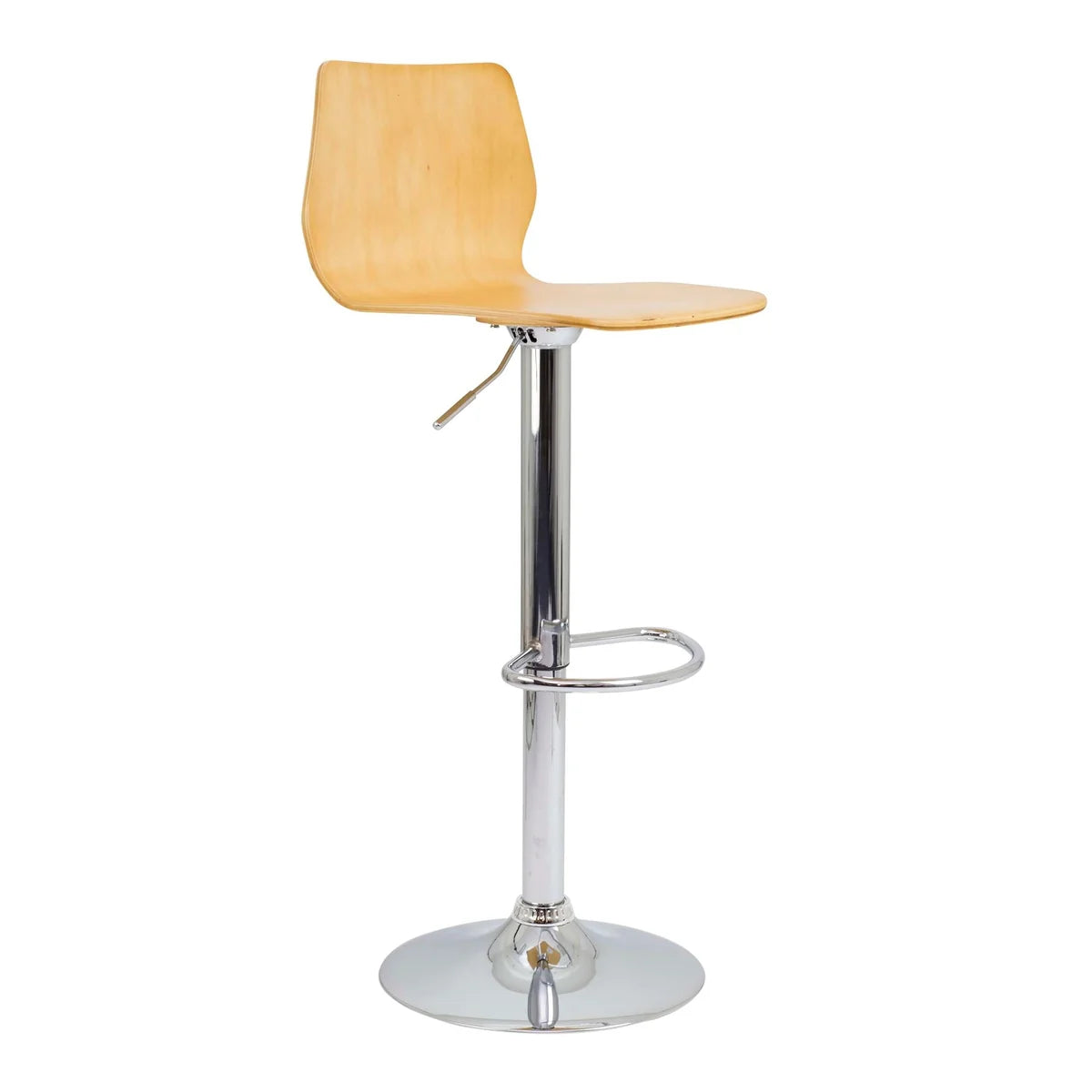 The Stork Gas Lift Stool is showcased against a plain white background, featuring a contemporary design with a light wooden seat and backrest, a chrome adjustable stem, a circular footrest, and a round metal base for height adjustability.