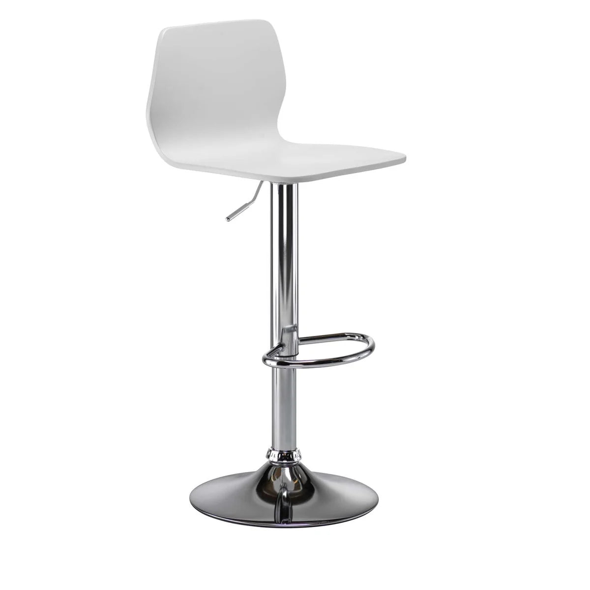 Introducing the Stork Gas Lift Stool, a modern white stool featuring a curved backrest, chrome pedestal base with footrest, and an adjustable height lever, shown against a plain white background.