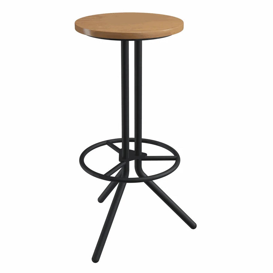The Ledge Industrial Metal Bar Stool showcases a tall design with three black powder-coated steel legs, a round wooden seat with a rustic finish, and a circular metal footrest that connects the legs near the base.