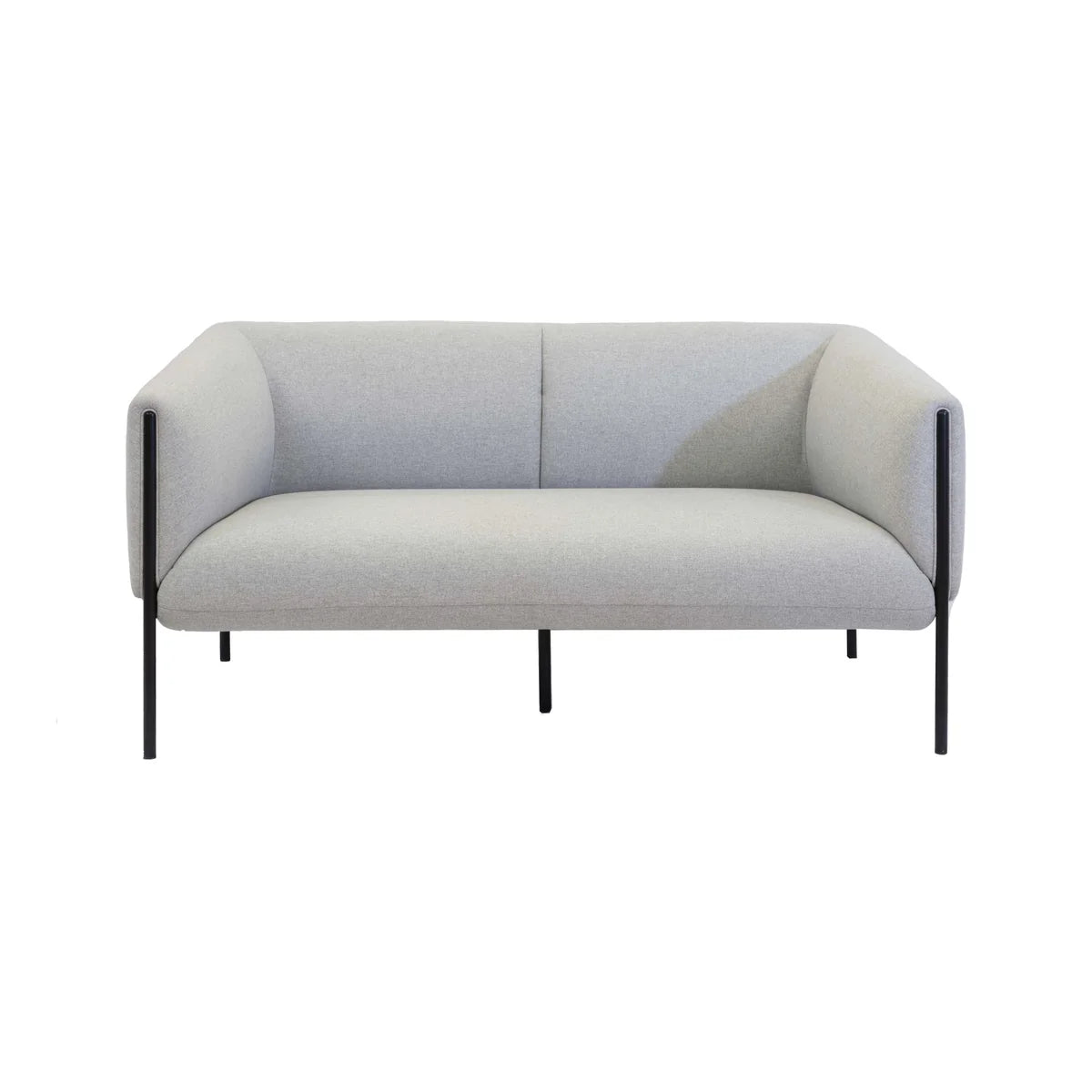 The Curve Metal Upholstered Grey Fabric Sofa features a modern design with high-density foam, grey fabric upholstery, slim black metal legs, and matching armrests, shown here against a plain white background.