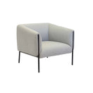 تبديل الصورة Introducing the Curve Metal Upholstered Grey Fabric Sofa: This modern sofa features light grey fabric upholstery and sleek black metal legs, showcasing a boxy silhouette and minimalist design against a white background. Generously padded with high-density foam, the seat offers enhanced comfort and support. 3