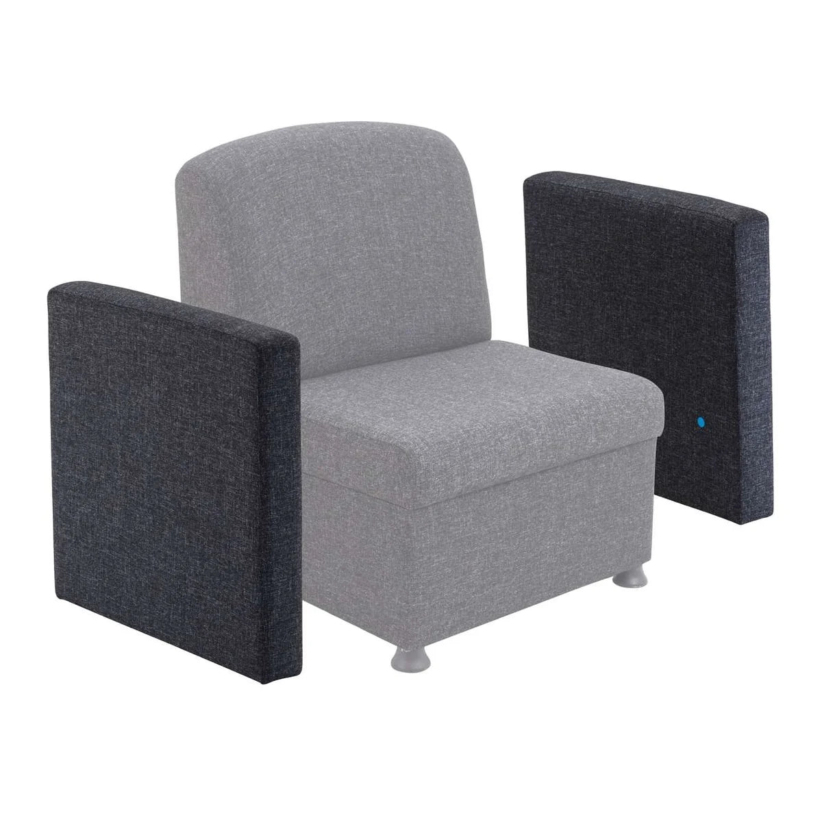 The Glacier Arm Module is a gray upholstered chair featuring detached, dark gray armrests. Designed as an upholstered arm module for versatile comfort, it is ideally suited for reception room furniture. Inspired by modular Glacier seating, this piece stands isolated against a white background.