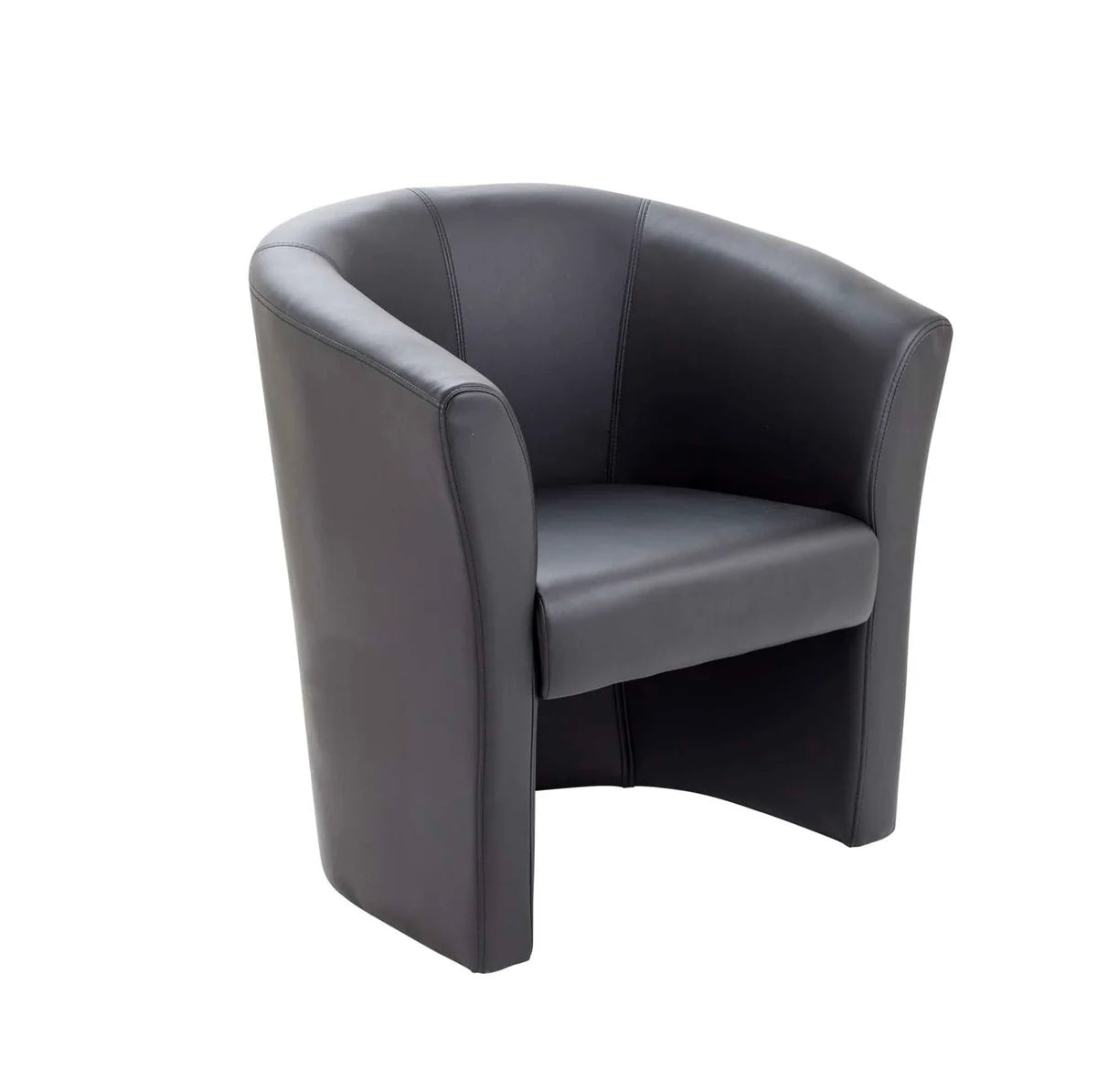 The Tiffany Slim Black Faux Leather Tub Chair features a modern design with a curved back and armrests, shown against a white background.