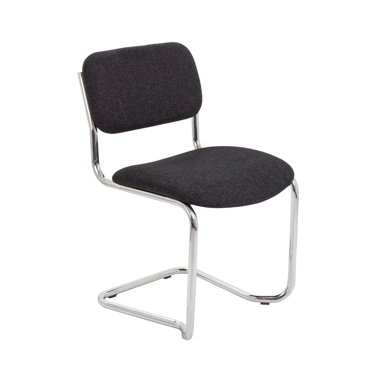 The Classic Cantilever Meeting Side Chair features a modern design with a black cushioned seat and backrest, supported by a sleek, curved chrome metal frame without armrests.
