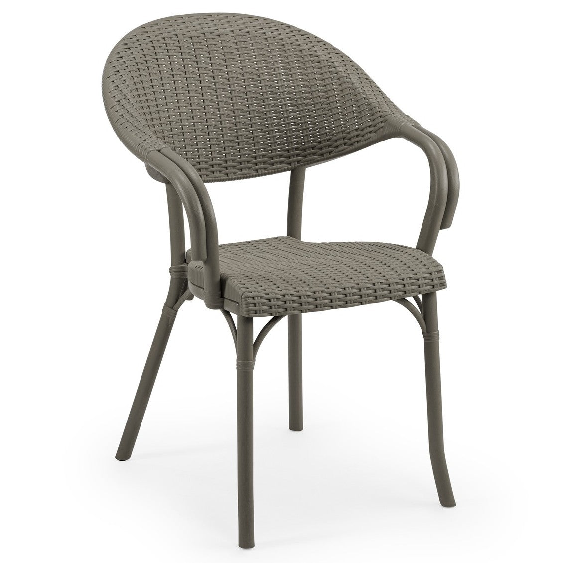The Paris Bistro Outdoor Stacking Armchair is a brown, woven chair with a rounded backrest, armrests, and four straight legs, featuring classic wicker weaving inspired by Parisian bistro style.