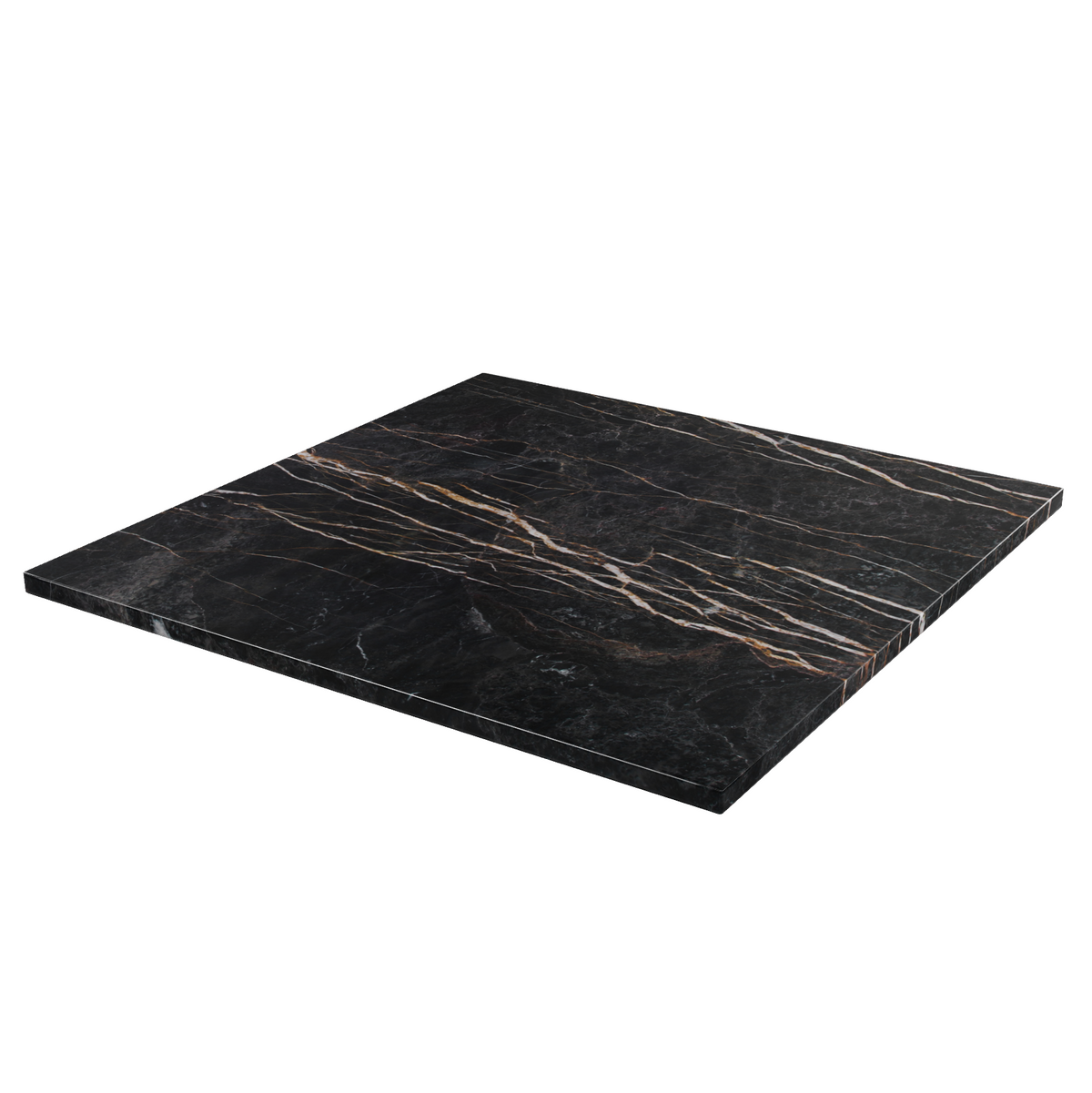 A rectangular, flat slab of the Black Gold Laurent Real Marble Restaurant Table Top - 20mm showcases striking white and brown natural veins against a rich black background, expertly photographed on a white surface. This exquisite marble piece is perfect for creating luxury table tops or adding elegance to restaurant table settings.